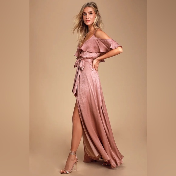 Lulu’s Moriah Rose Satin Cold-Shoulder Wrap Maxi Dress // Bridesmaid Dress - Picture 4 of 5